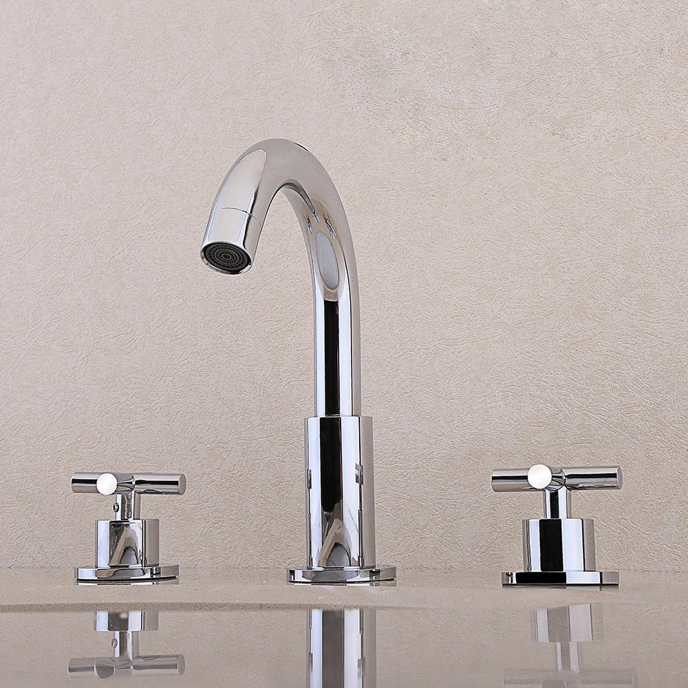 Stev Modern Chrome Widespread Double Cross Handle Bathroom Sink Faucet Goosenecked Spout