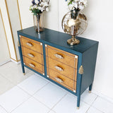 50" Modern Blue Dresser Accent Cabinet with 6 Drawers and Shell Pulls in Gold