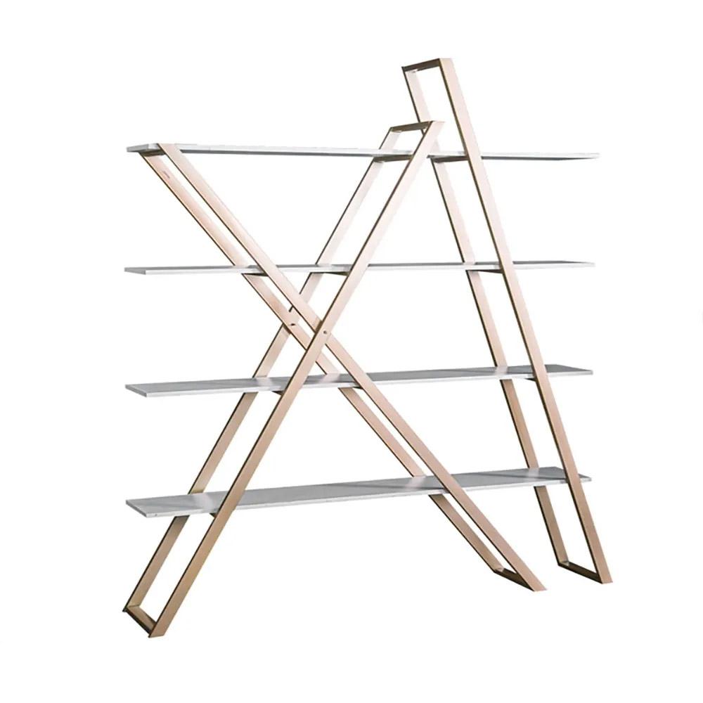Modern Abstract Etagere Wooden Bookshelf in White & Gold