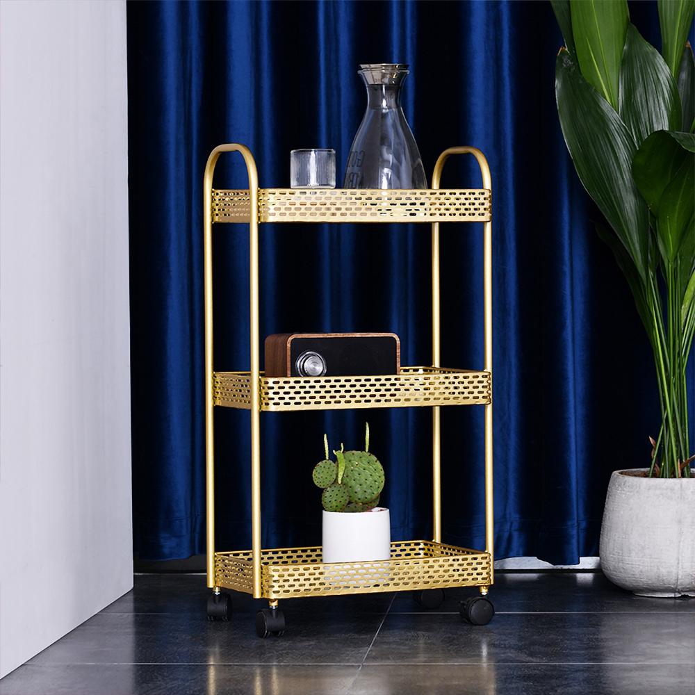 Modern Gold 3 Tiers Mesh Storage Shelves Rolling Cart Rack Metal