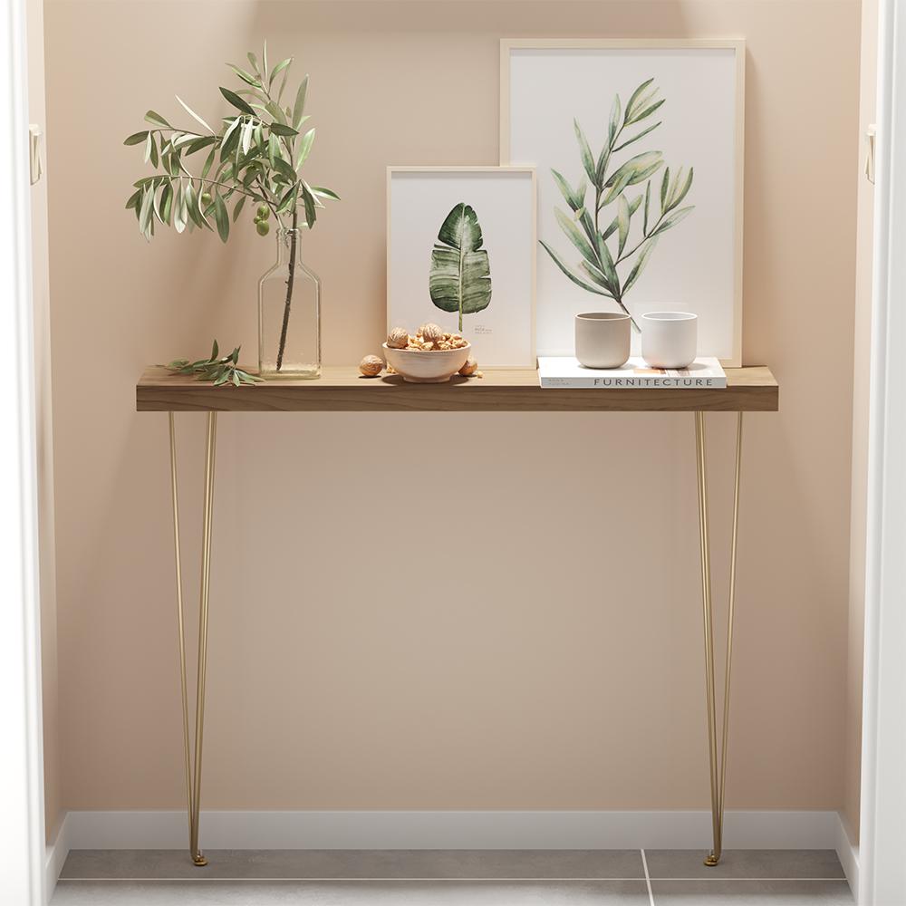 Mesa consola rectangular estrecha de nogal moderna de 39" con patas de metal en la parte superior de madera