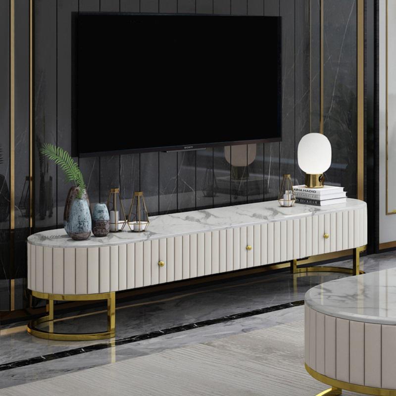 Epaule Modern Oval 71" TV Stand Faux Marble Top Media Stand with 3 Drawers in White