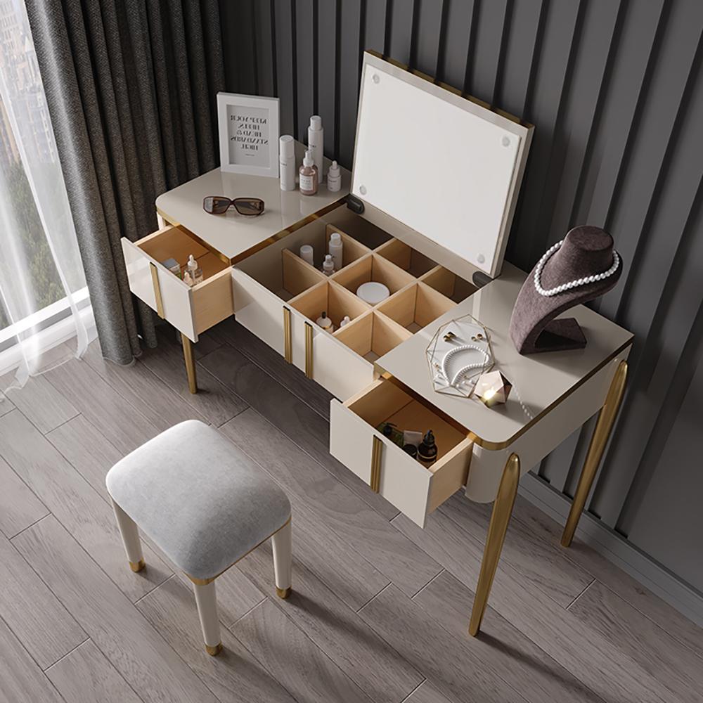 Champagne Makeup Vanity Mirror & Stool included with Flip Top 2-Drawer Dressing Table
