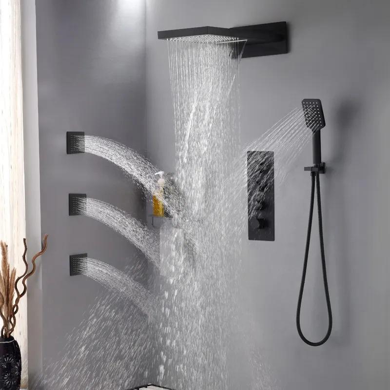 Wall Mounted Waterfall Rain Shower System with 3 Body Sprays in Matte Black