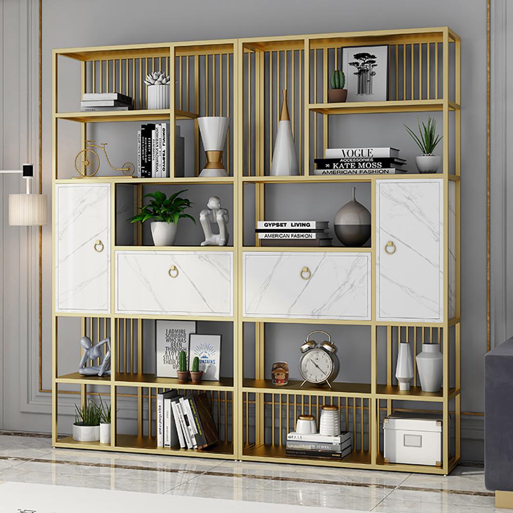 70.9" Modern 5-Tier Geometric Bookshelf with 1 Drawer and 1 Door in White & Gold