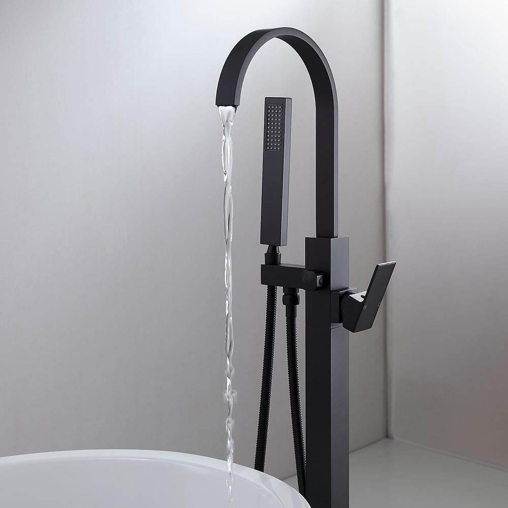 Freestanding Matte Black Bathtub Filler Faucet and Handheld Shower with High-Arc Spout