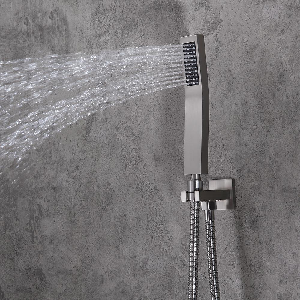 Modern Rain Thermostatic Brushed Nickel Shower Faucet Flush Mount Shower System with Hand Shower & Body Jets Solid Brass