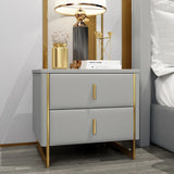 Modern Off White Nightstand 2-Drawer Faux Leather Bedside Table in Gold