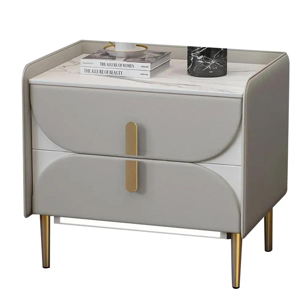 Luxury Gray Nightstand Stone Top Microfiber Leather Upholstery with LED Light