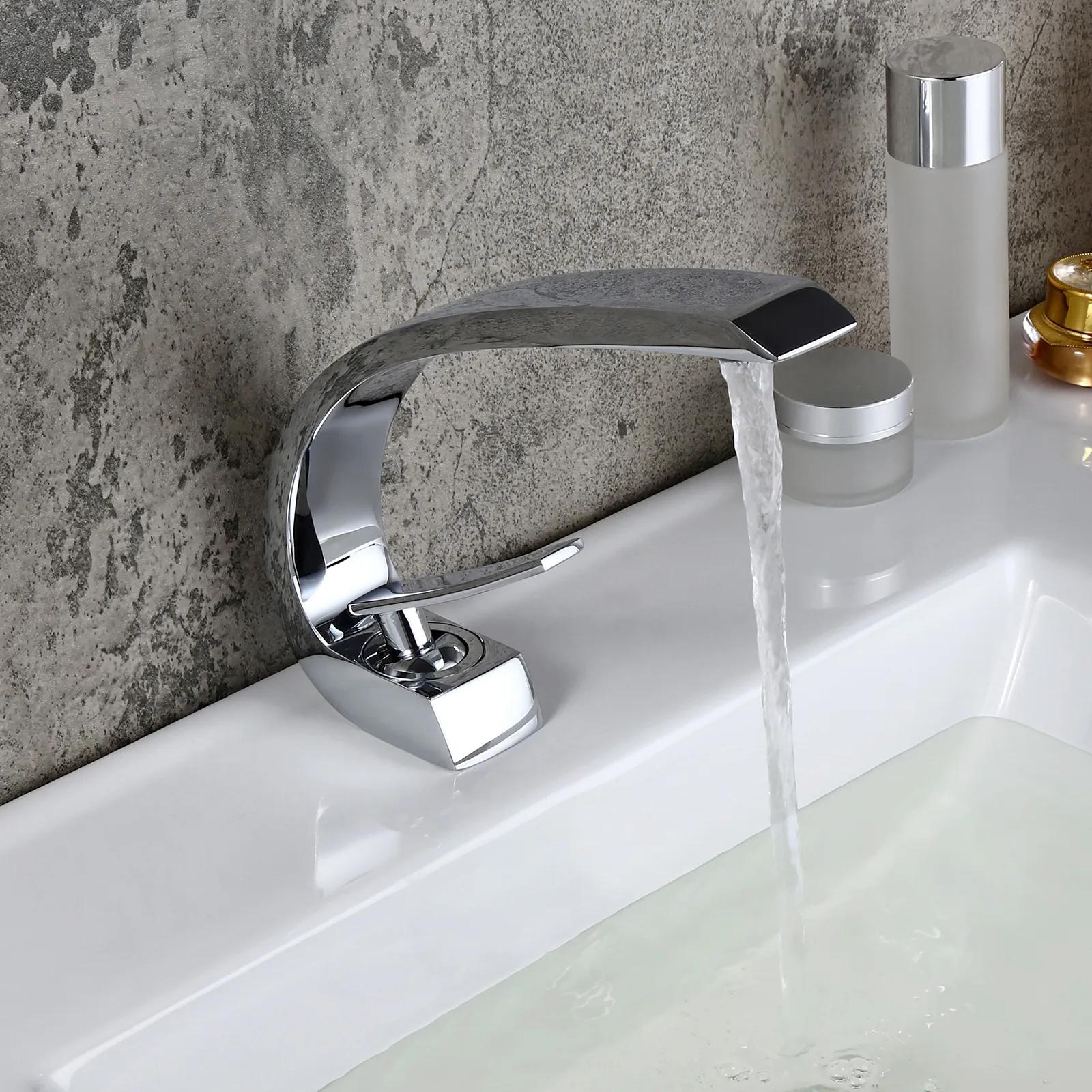 Modern Single Hole 1-Handle C-Shaped Curved Spout Bathroom Sink Faucet with Pop Up Drain in Brushed Nickel
