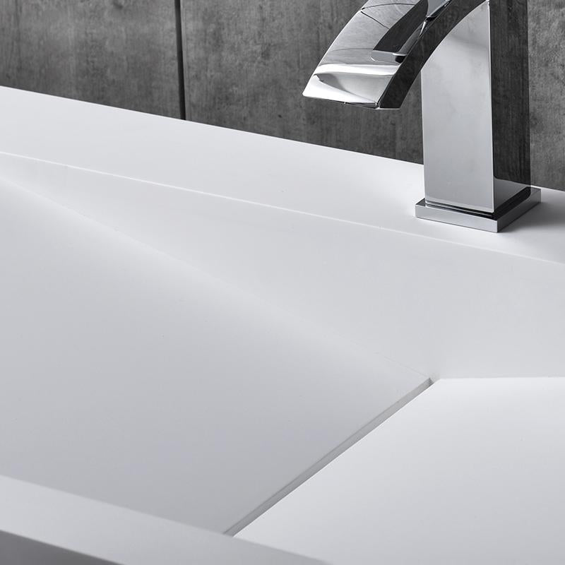Glossy White Wall-Mount Floating Sink Solid Surface Stone Resin Bathroom V-Shaped Sink