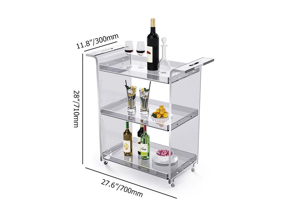 Modern Acrylic Rolling Serving Bar Cart 3-Tier Trolley End Table with Handles