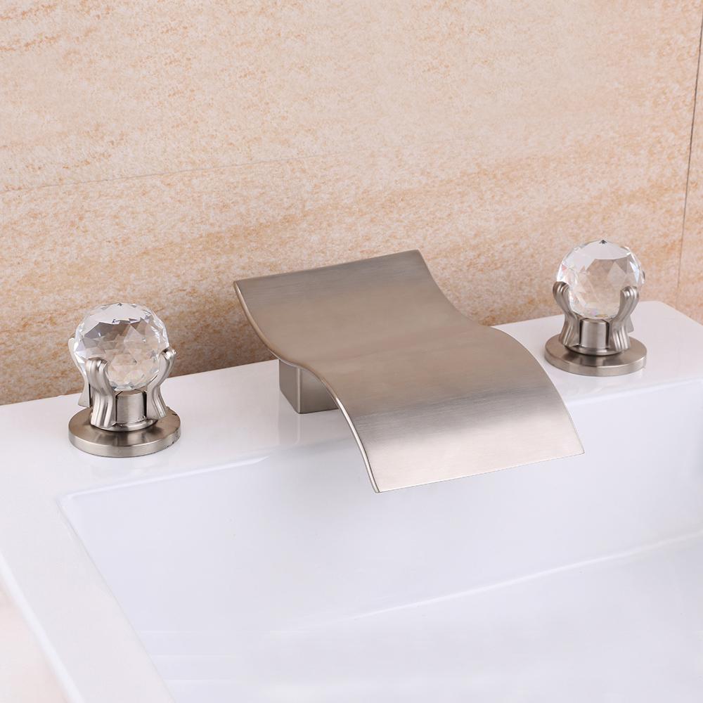 Deck Mount Widespread Waterfall 2 Crystal Handle Bathroom Sink Faucet in Brushed Gold