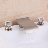 Deck Mount Widespread Waterfall 2 Crystal Handle Bathroom Sink Faucet in Brushed Gold