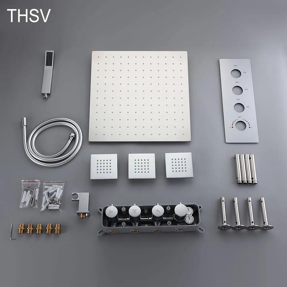 Modern 16" Chrome Thermostatic Rain Shower System with Handheld Shower & 3 Body Sprays