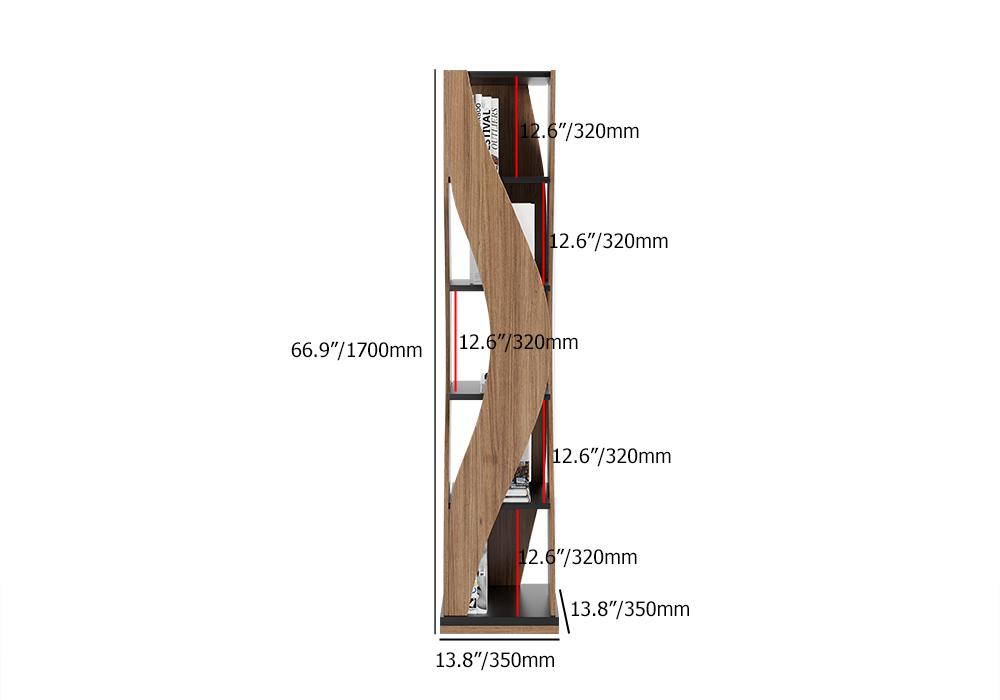 5-Tier Geometric Bookshelf Curved Shape Industrial Bookcase in Walnut & Black Rotating