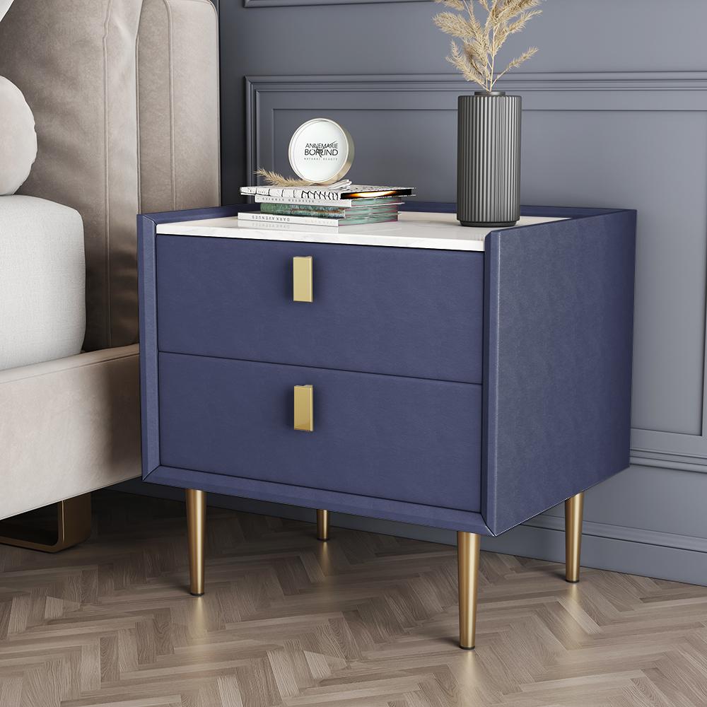 Modern 2 Drawers PU Leather Bedside Table Nightstand with Gold Metal Legs