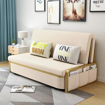 Modern Convertible Sofa Bed with Storage Velvet Upholstery in Beige & Gold