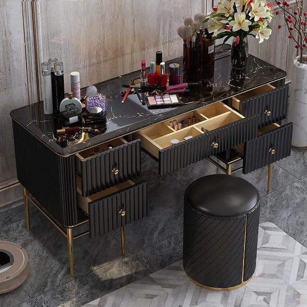 Black Makeup Vanity Table Faux Marble Dressing Table with Drawers Gold  Stainless Steel-Wehomz – WEHOMZ