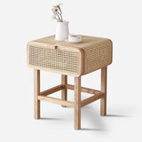 Wooden Walnut Nightstand Rattan Drawer for Bedroom Living Room Storage Bedside Table
