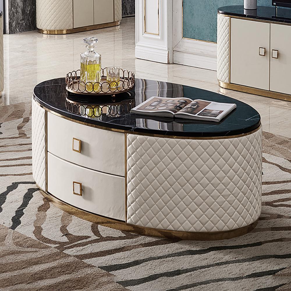 Orand Modern White Oval Marble Top Coffee Table Microfiber Leather with 2 Drawers