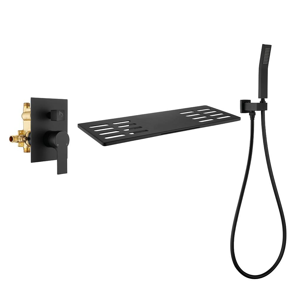Modern Waterfall Wall Mounted Single Handle Bathtub Faucet With Handshower in Black