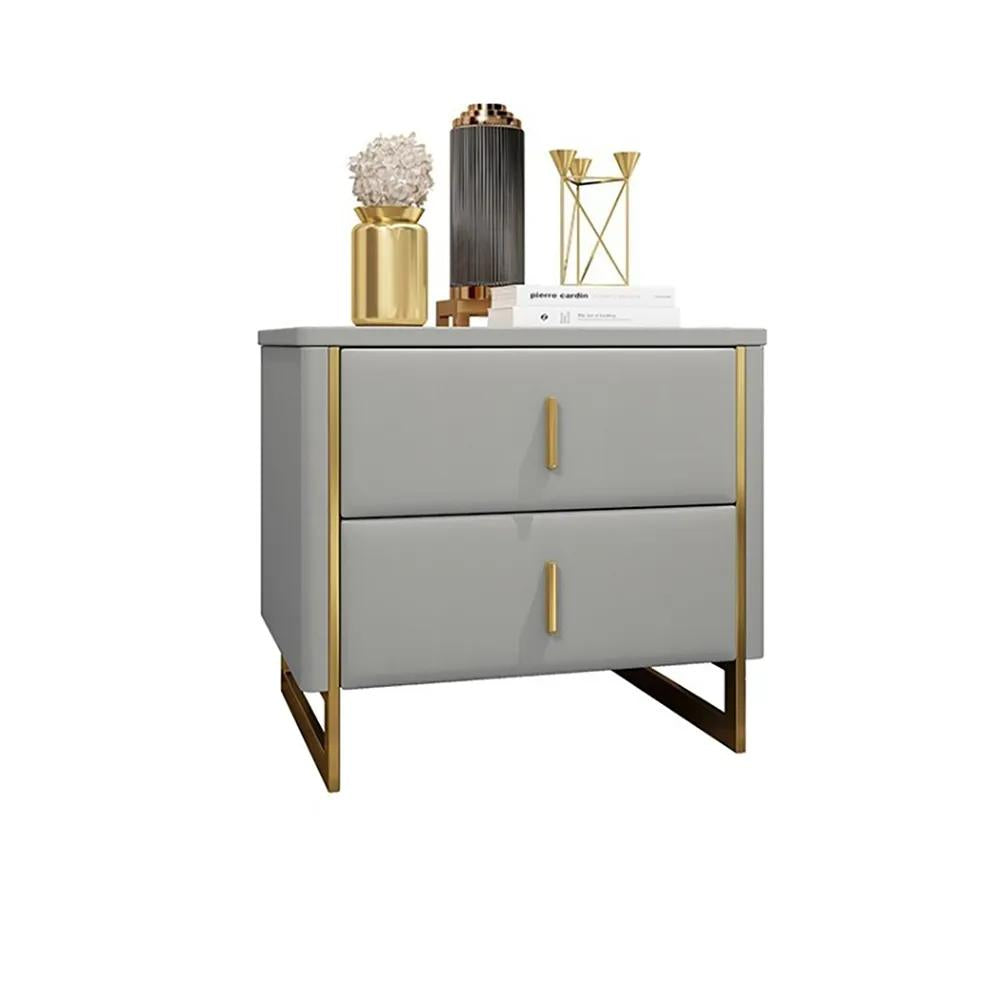 Modern Off White Nightstand 2-Drawer Faux Leather Bedside Table in Gold