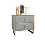 Modern Off White Nightstand 2-Drawer Faux Leather Bedside Table in Gold