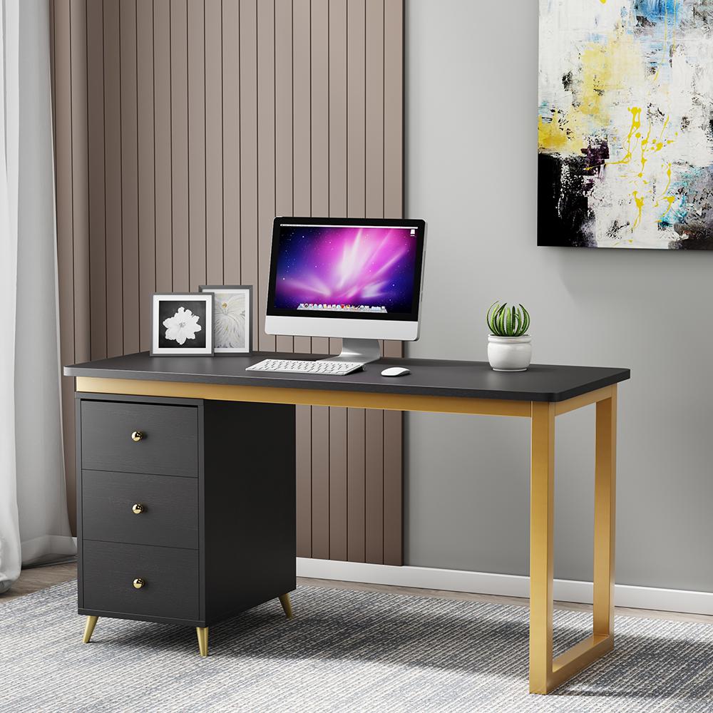 Modern 55" Wooden Home Office White Computer Desk with 3 Drawers & Side Cabinet in Gold