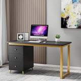 Modern 55" Wooden Home Office White Computer Desk with 3 Drawers & Side Cabinet in Gold