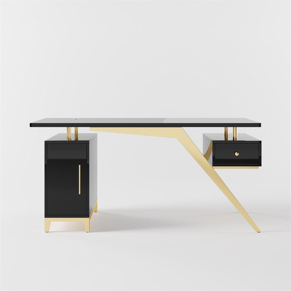55" Ultra Modern White and Gold Computer Writing Desk with Storage & Drawer