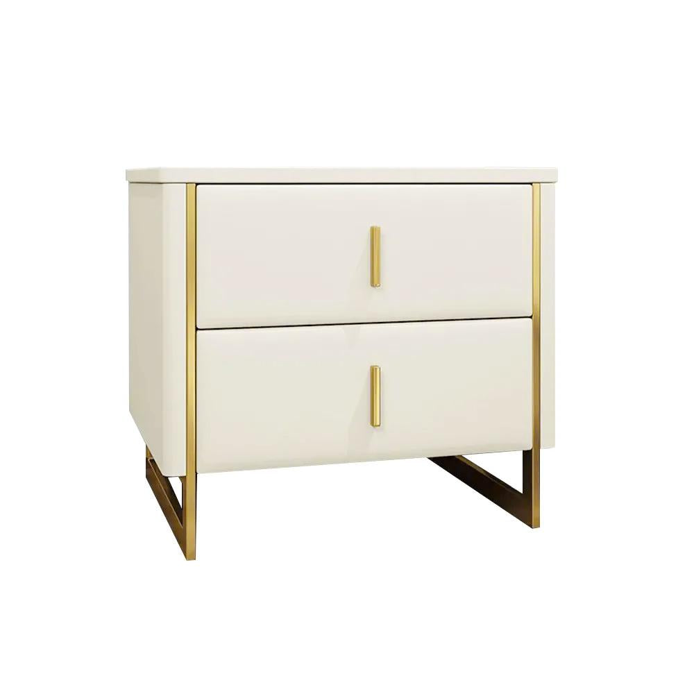 Modern Off White Nightstand 2-Drawer Faux Leather Bedside Table in Gold