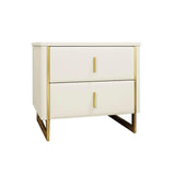 Modern Off White Nightstand 2-Drawer Faux Leather Bedside Table in Gold
