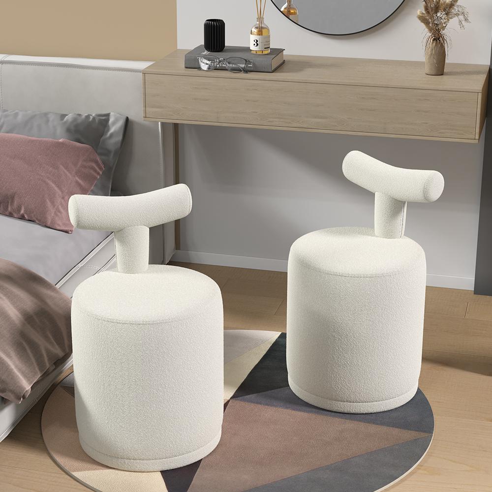 Modern White Boucle Vanity Stool with Round Seat & Back Bedroom Vanity Chair