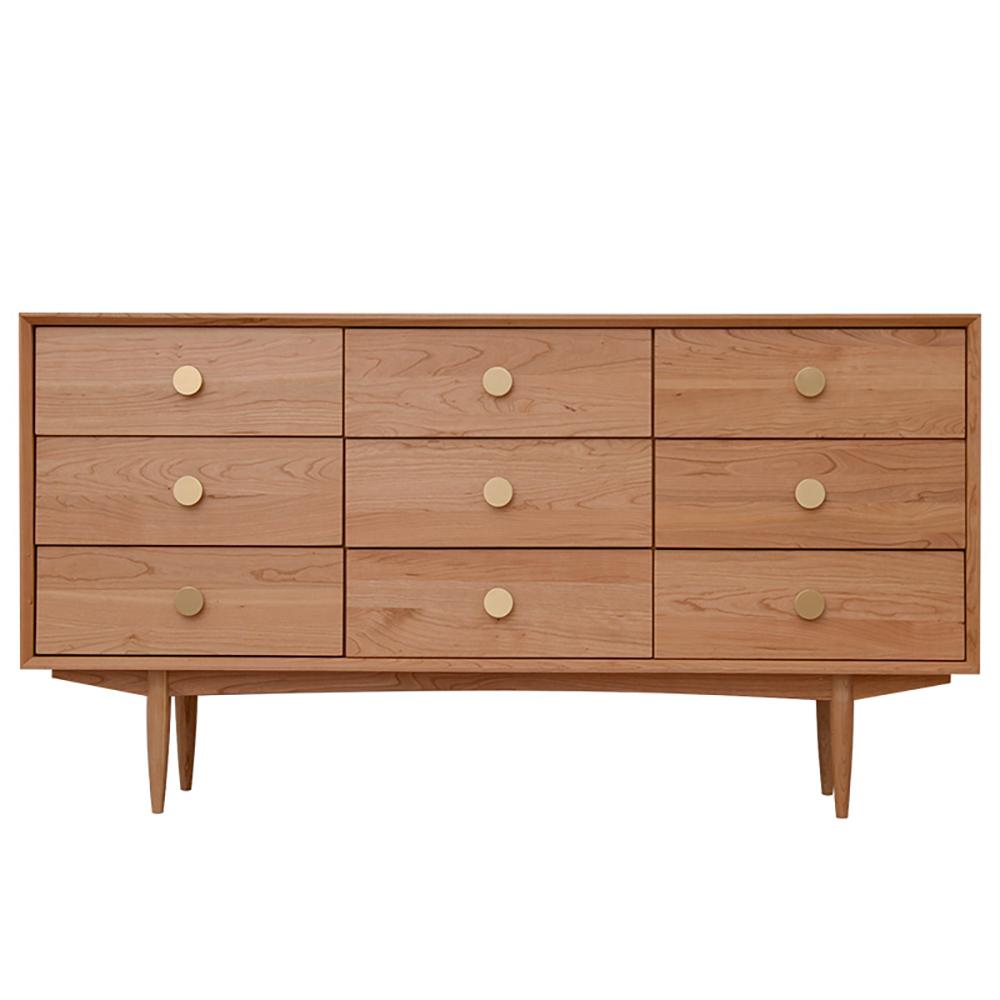 63" Natural Bedroom Dresser with 9 Drawers Wooden Chest of Drawers with Gold Knobs