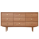 63" Natural Bedroom Dresser with 9 Drawers Wooden Chest of Drawers with Gold Knobs
