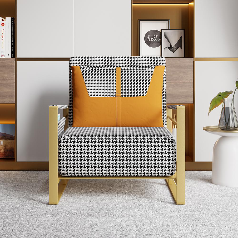 Modern Orange Houndstooth Single Sofabed Convertible Sleeper with Side Storage