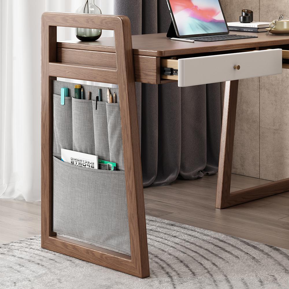 Modern I Shaped Desk Retracted & Extendable Corner Walnut Desk with Storage & 2 Drawers