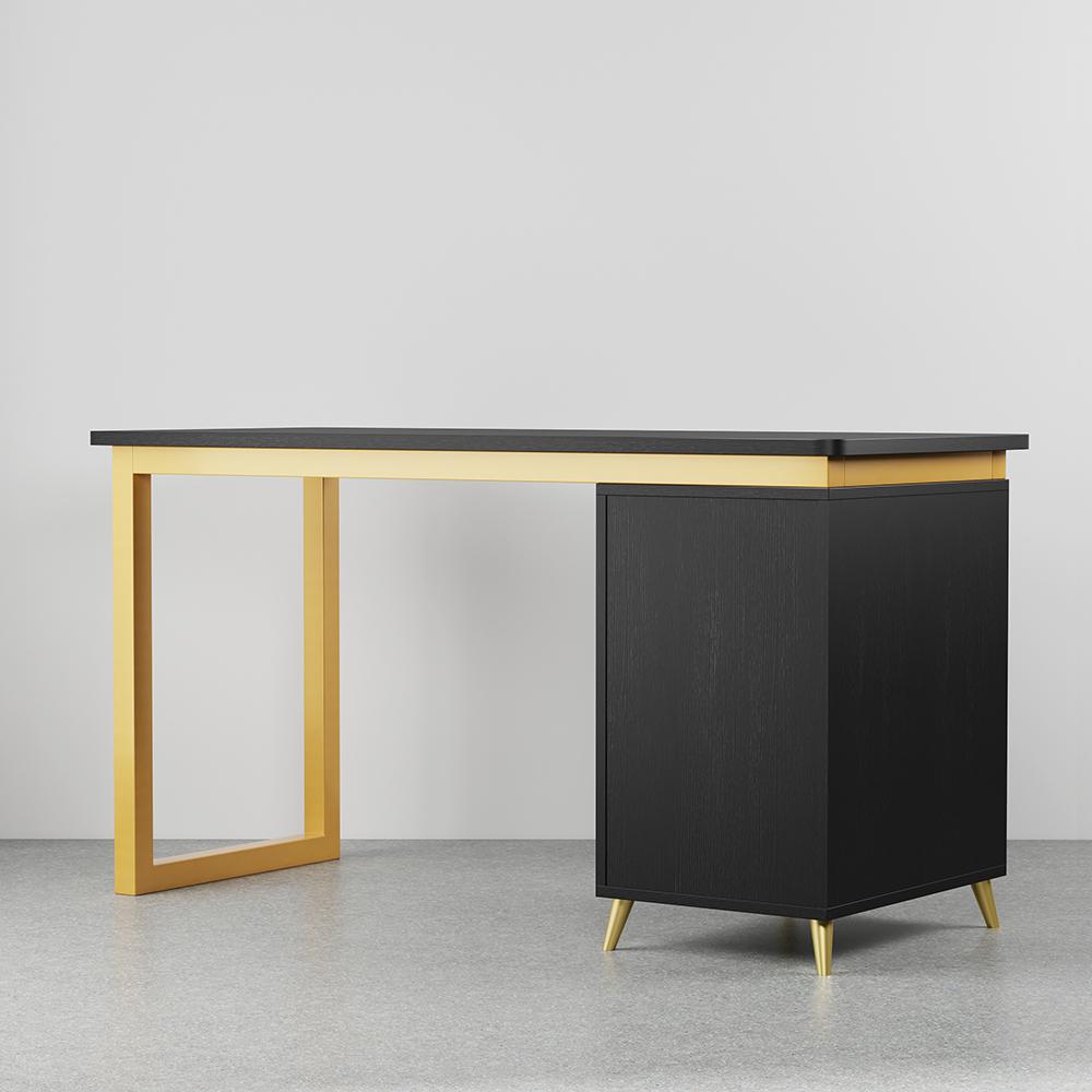 Modern 55" Wooden Home Office White Computer Desk with 3 Drawers & Side Cabinet in Gold