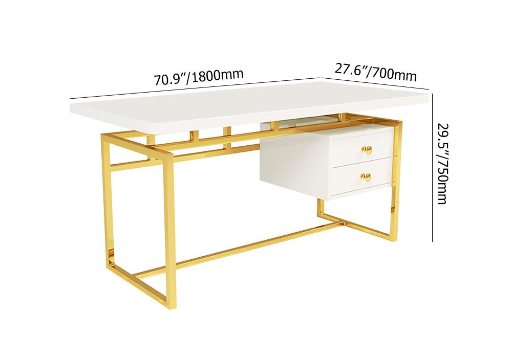 71" White Writing Desk Modern Computer Desk with 2-Drawer in Gold