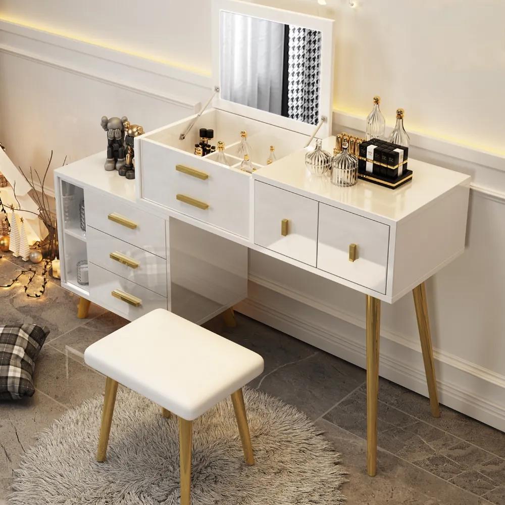 Modern White Makeup Vanity Extendable Dressing Table with Drawers & Flip Top Mirror