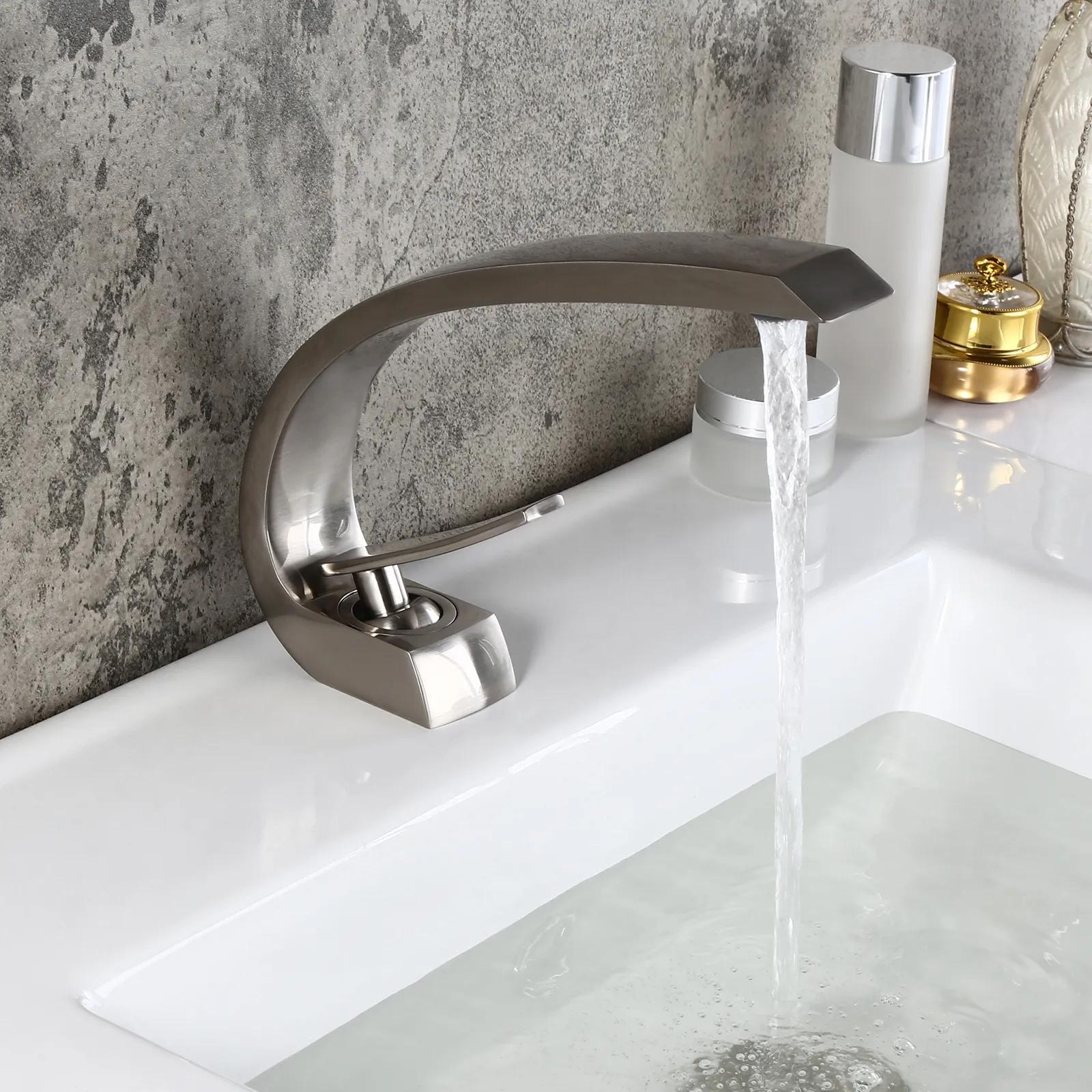 Modern Single Hole 1-Handle C-Shaped Curved Spout Bathroom Sink Faucet with Pop Up Drain in Brushed Nickel