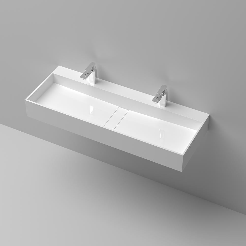 47 Inch Wall-Mount Double Sink Stone Resin Matte White Trough Bathroom Sink