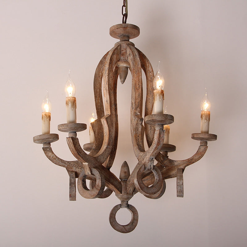 Audrey Classic Cottage Chic Sculpted Wooden 6-Light Chandelier with Candle Shaped