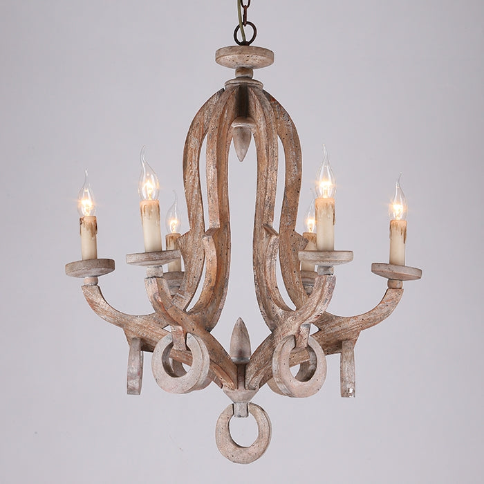 Audrey Classic Cottage Chic Sculpted Wooden 6-Light Chandelier with Candle Shaped