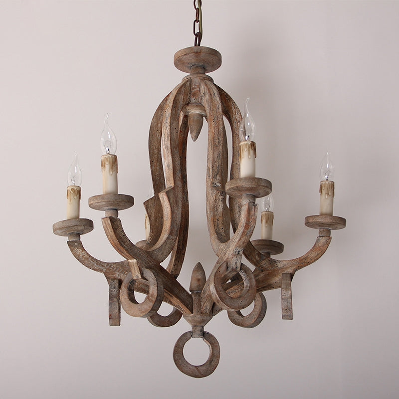 Audrey Classic Cottage Chic Sculpted Wooden 6-Light Chandelier with Candle Shaped