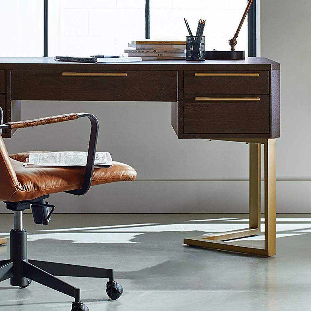5-Drawer Walnut Writing Desk Large Computer Desk with Gold Base-Desks,Furniture,Office Furniture