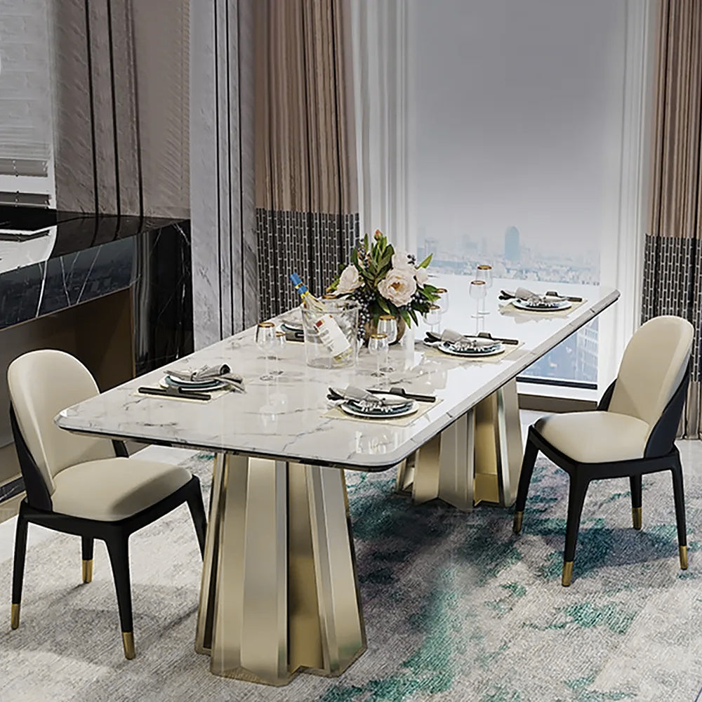 78.7" White Modern Dining Table with Geometric Double Base in Gold Finish
