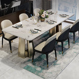 78.7" White Modern Dining Table with Geometric Double Base in Gold Finish