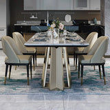 78.7" White Modern Dining Table with Geometric Double Base in Gold Finish
